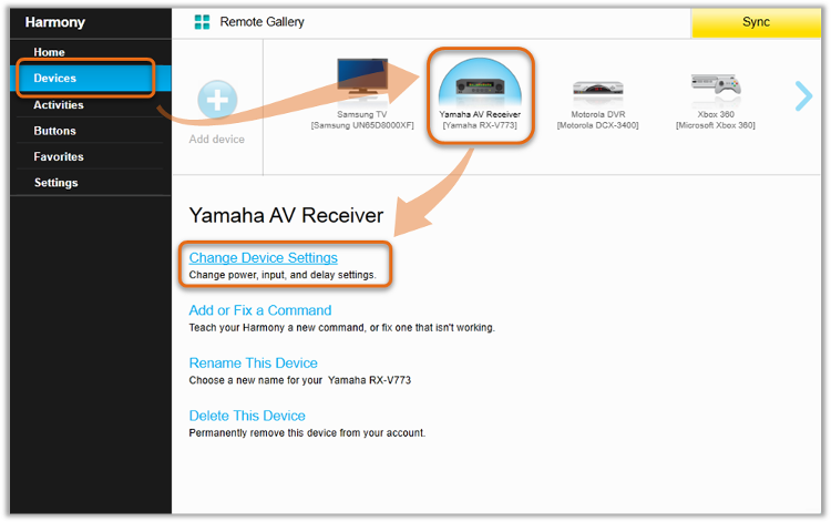 MyHarmony - Change device settings