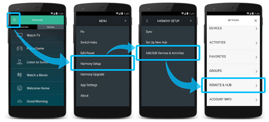 Botones físicos de personalización MyHarmony del mando a distancia