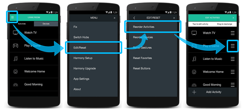 Harmony app - reorder activity