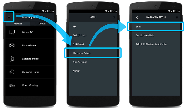 synchronisation de Harmony à partir d'un mobile