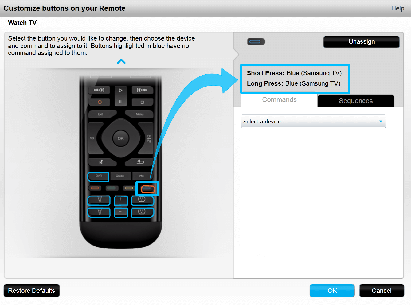 harmony 550 define activity button