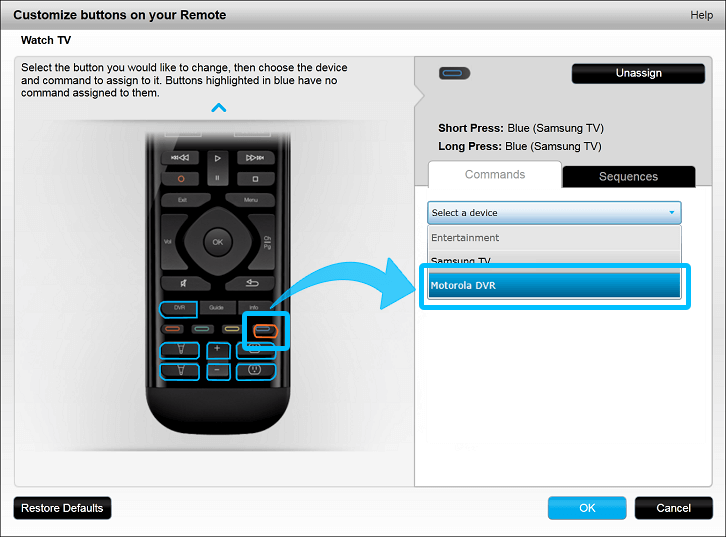 Botones físicos de personalización MyHarmony del mando a distancia