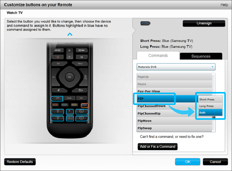 Personalizzazione dei pulsanti fisici MyHarmony sul telecomando