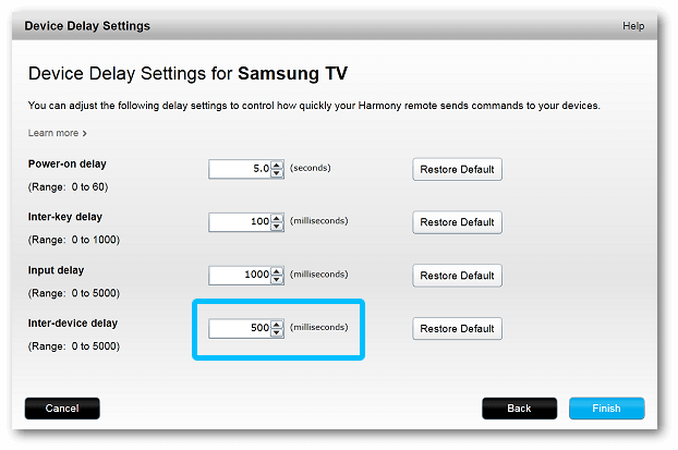 flirc harmony delay settings