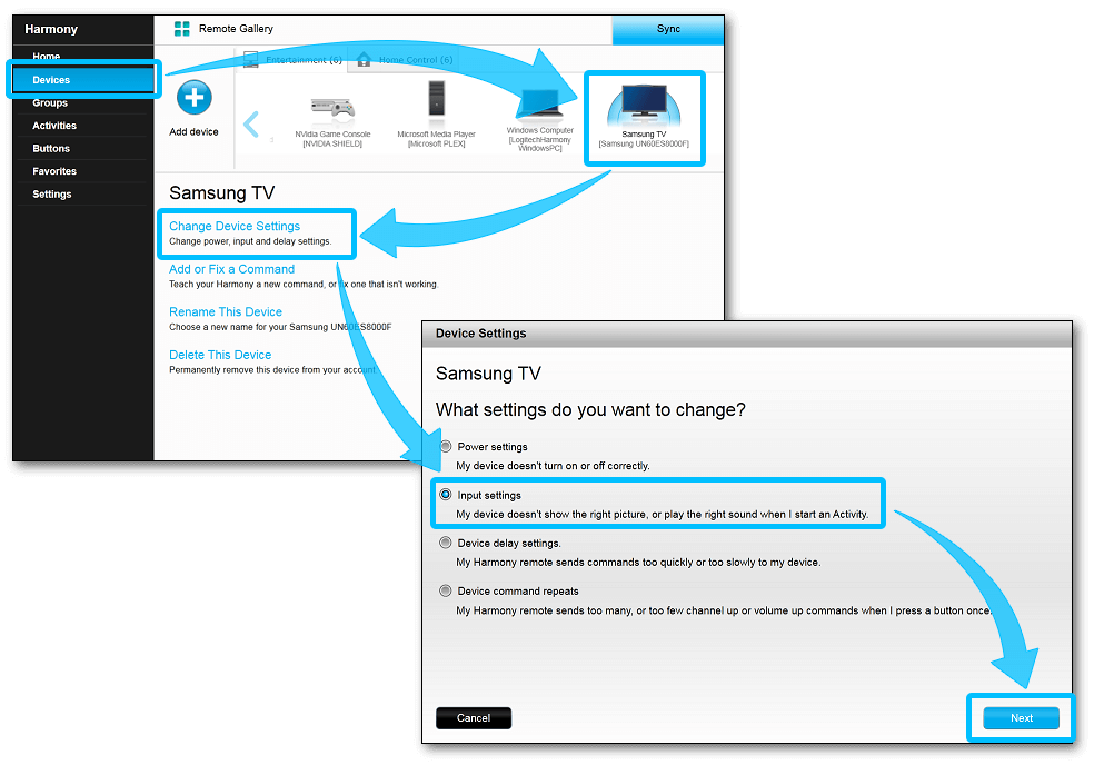 MyHarmony - methode voor het schakelen tussen ingangen