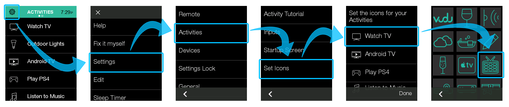 Changement des icônes d'activité sur les télécommandes Harmony Touch