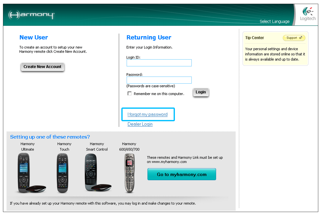 Contraseña olvidada del software Logitech Harmony